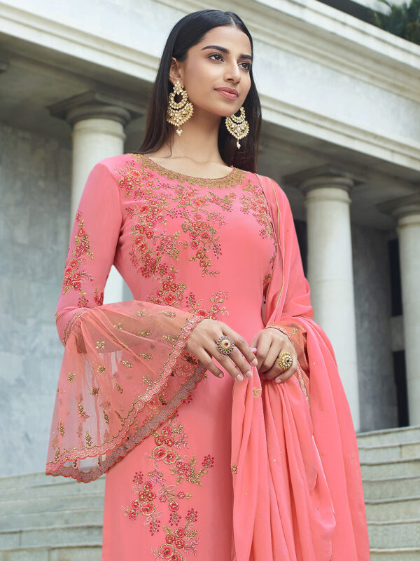 Stylee Lifestyle Pink Georgette Embroidered Dress Material