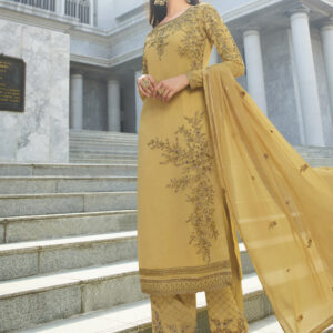 Stylee Lifestyle Gold Georgette Embroidered Dress Material