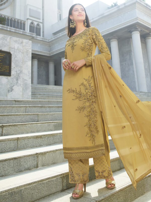 Stylee Lifestyle Gold Georgette Embroidered Dress Material