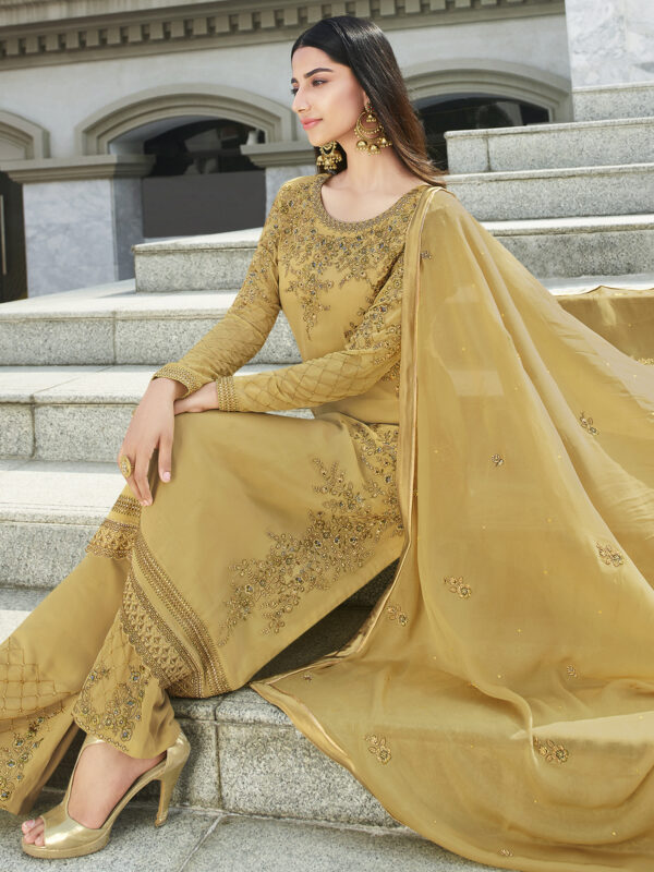 Stylee Lifestyle Gold Georgette Embroidered Dress Material