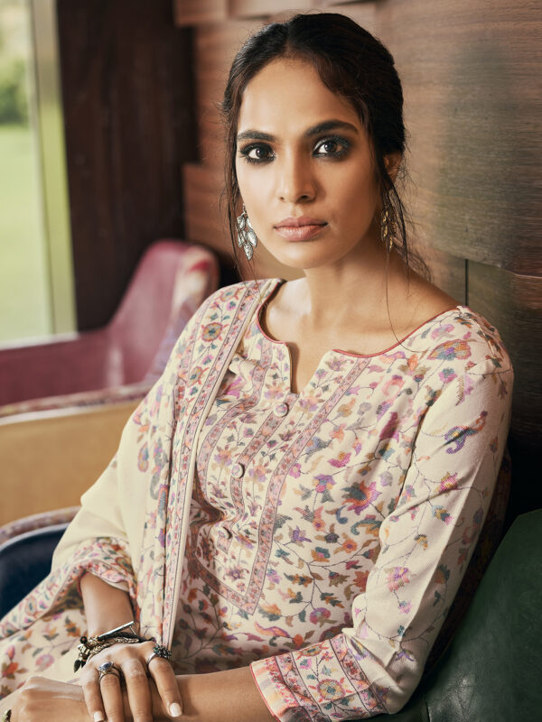 Stylee Lifestyle Cream Pashmina Printed Dress Material