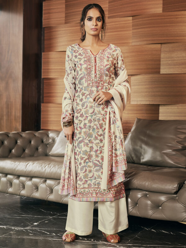 Stylee Lifestyle Cream Pashmina Printed Dress Material