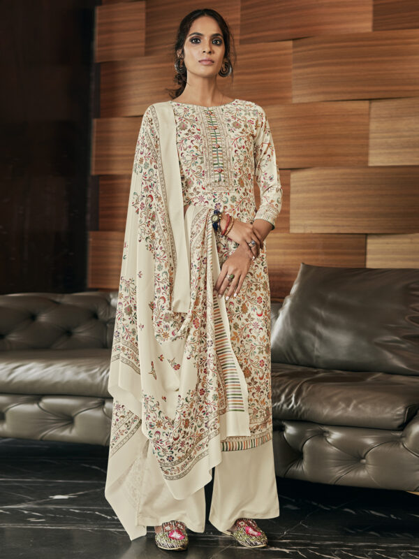 Stylee Lifestyle Cream Pashmina Printed Dress Material