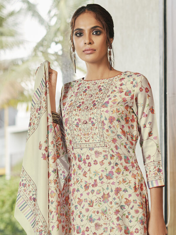 Stylee Lifestyle Cream Pashmina Printed Dress Material