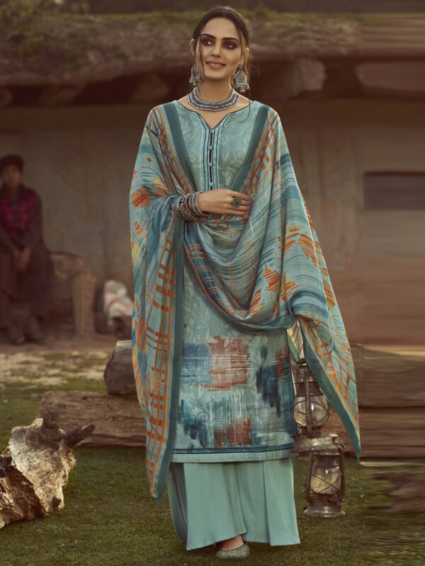 Stylee Lifestyle Turquoise Pure Pashmina Printed Dress Material