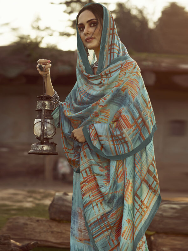 Stylee Lifestyle Turquoise Pure Pashmina Printed Dress Material