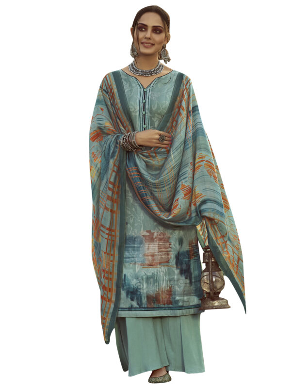 Stylee Lifestyle Turquoise Pure Pashmina Printed Dress Material