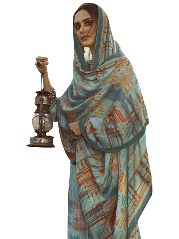 Stylee Lifestyle Turquoise Pure Pashmina Printed Dress Material