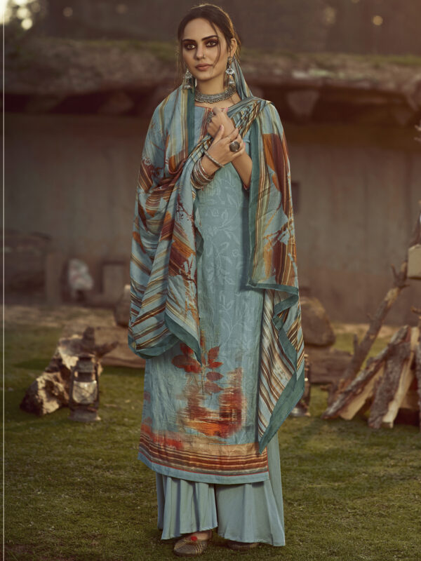 Stylee Lifestyle Aqua Blue Pure Pashmina Printed Dress Material