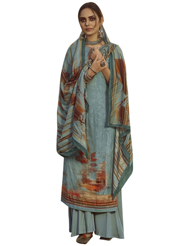 Stylee Lifestyle Aqua Blue Pure Pashmina Printed Dress Material