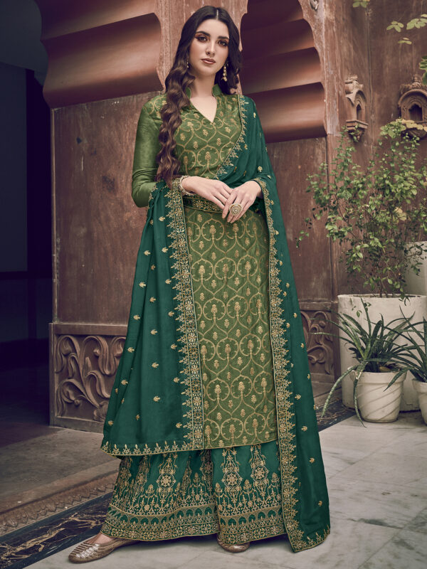 Stylee Lifestyle Green Dola Silk Embroidered Dress Material