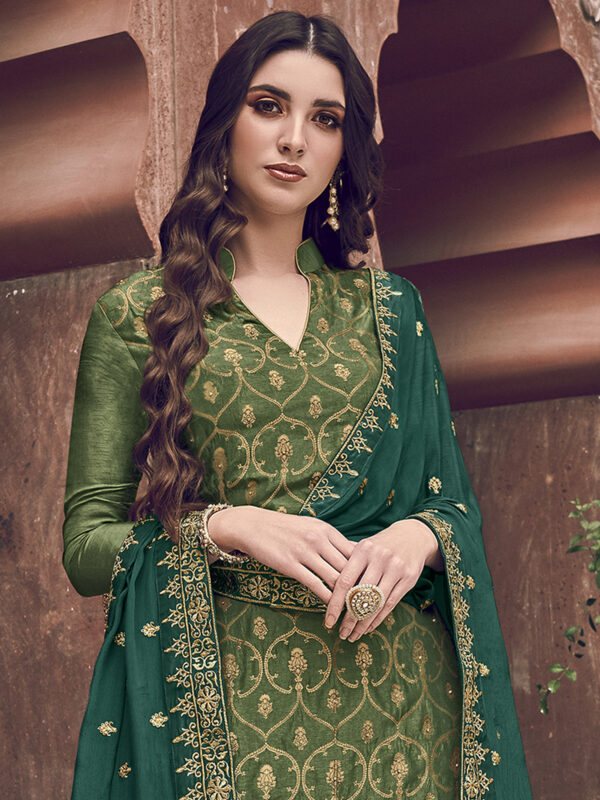 Stylee Lifestyle Green Dola Silk Embroidered Dress Material