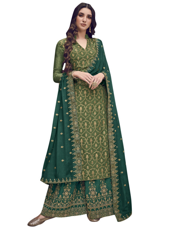 Stylee Lifestyle Green Dola Silk Embroidered Dress Material