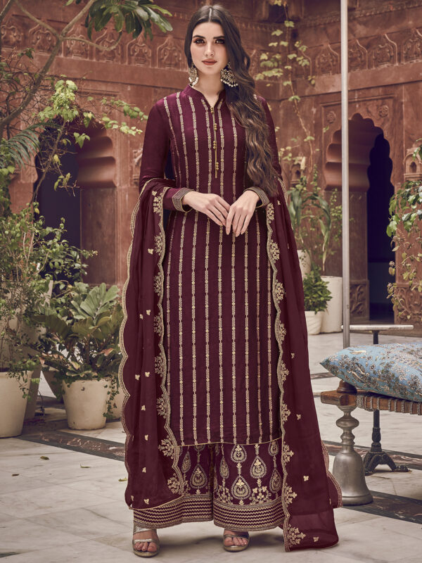 Stylee Lifestyle Wine Dola Silk Embroidered Dress Material