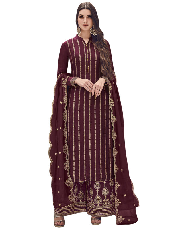 Stylee Lifestyle Wine Dola Silk Embroidered Dress Material