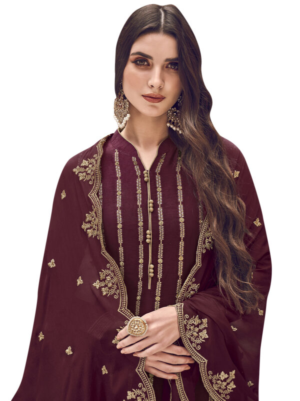 Stylee Lifestyle Wine Dola Silk Embroidered Dress Material