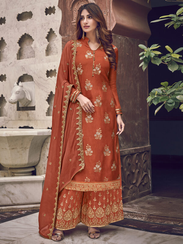Stylee Lifestyle Rust Dola Silk Embroidered Dress Material