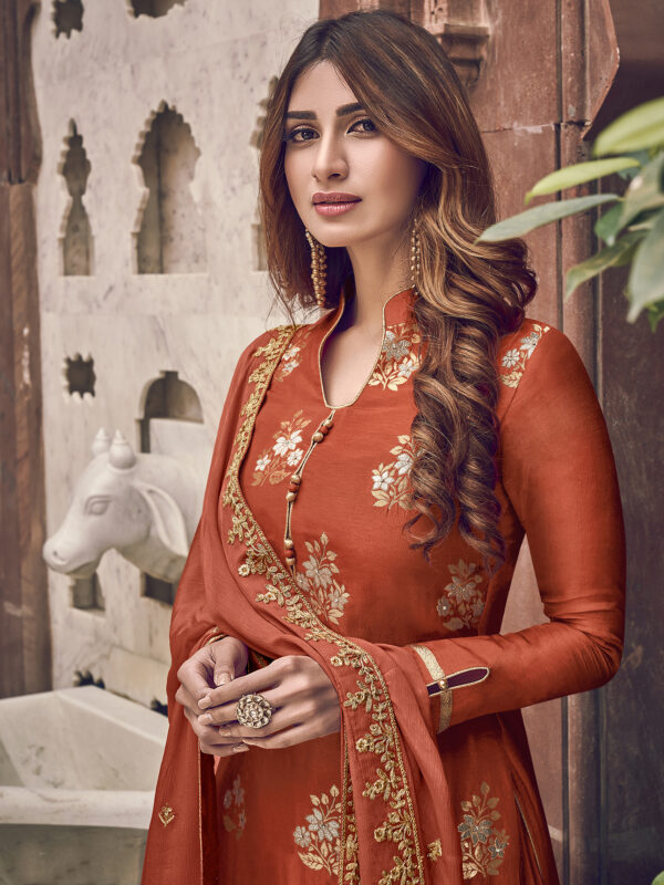 Stylee Lifestyle Rust Dola Silk Embroidered Dress Material