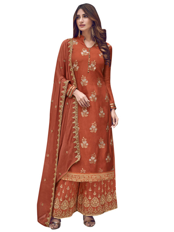 Stylee Lifestyle Rust Dola Silk Embroidered Dress Material