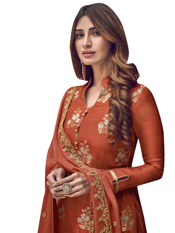 Stylee Lifestyle Rust Dola Silk Embroidered Dress Material