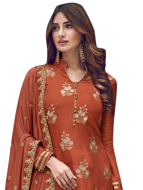 Stylee Lifestyle Rust Dola Silk Embroidered Dress Material