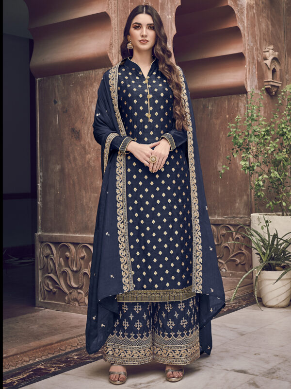 Stylee Lifestyle Navy Blue Dola Silk Embroidered Dress Material