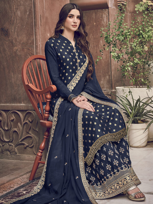 Stylee Lifestyle Navy Blue Dola Silk Embroidered Dress Material