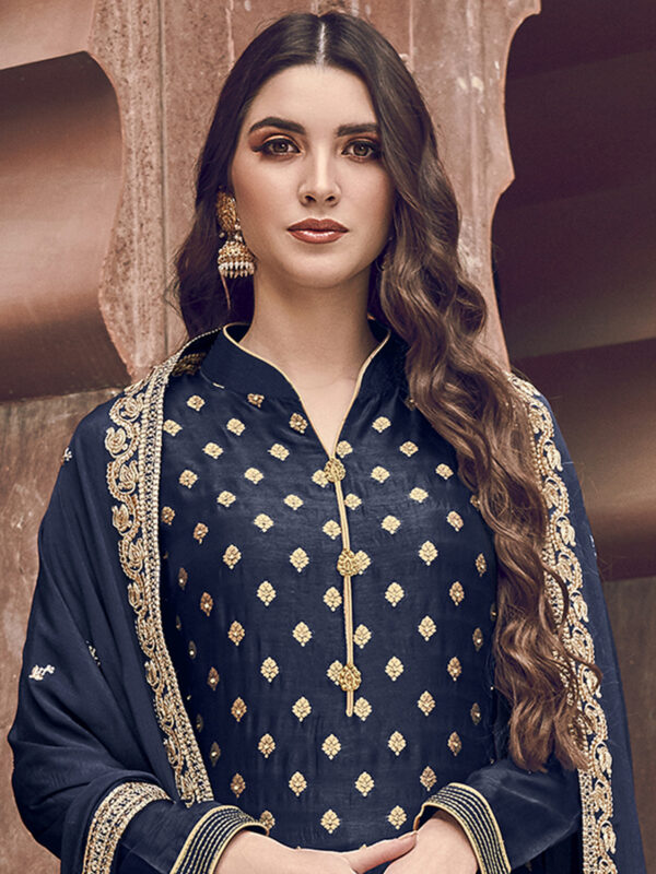 Stylee Lifestyle Navy Blue Dola Silk Embroidered Dress Material