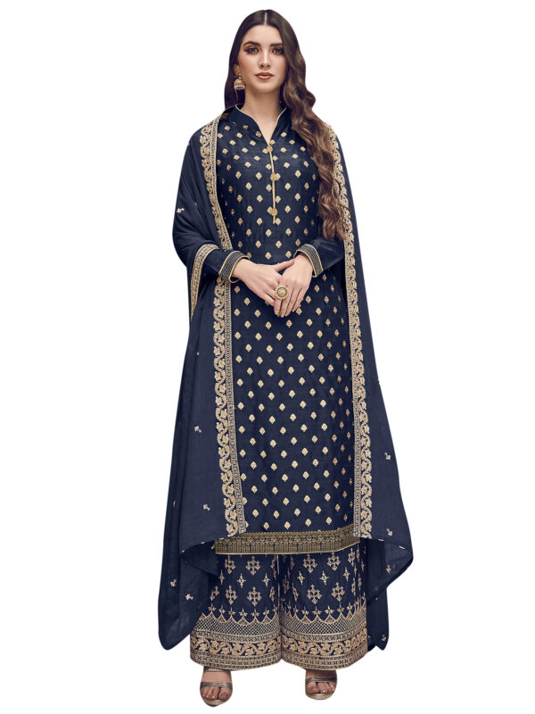 Stylee Lifestyle Navy Blue Dola Silk Embroidered Dress Material