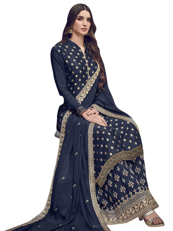 Stylee Lifestyle Navy Blue Dola Silk Embroidered Dress Material