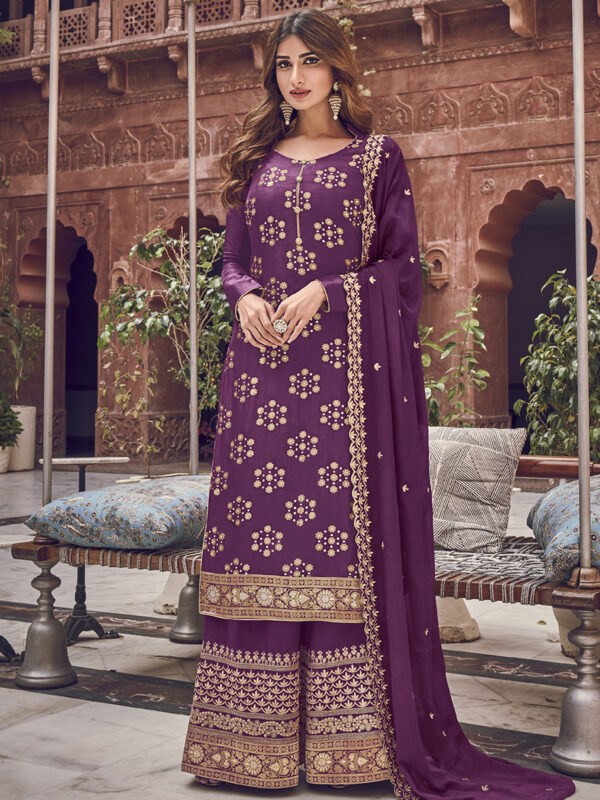 Stylee Lifestyle Purple Dola Silk Embroidered Dress Material