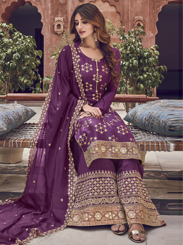 Stylee Lifestyle Purple Dola Silk Embroidered Dress Material