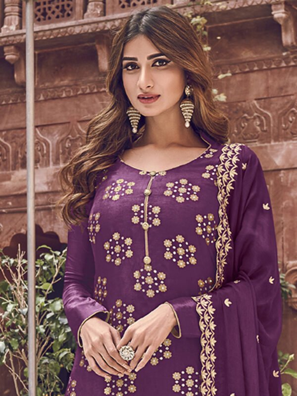 Stylee Lifestyle Purple Dola Silk Embroidered Dress Material