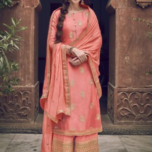 Stylee Lifestyle Peach Dola Silk Embroidered Dress Material
