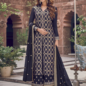 Stylee Lifestyle Navy Blue Dola Silk Embroidered Dress Material