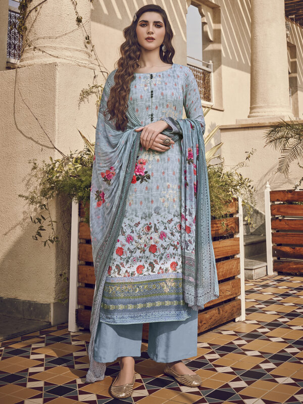 Stylee Lifestyle Sky Blue Pure Silk Printed Dress Material