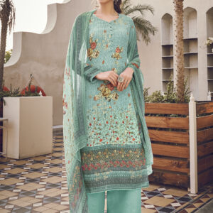 Stylee Lifestyle Turquoise Pure Silk Printed Dress Material