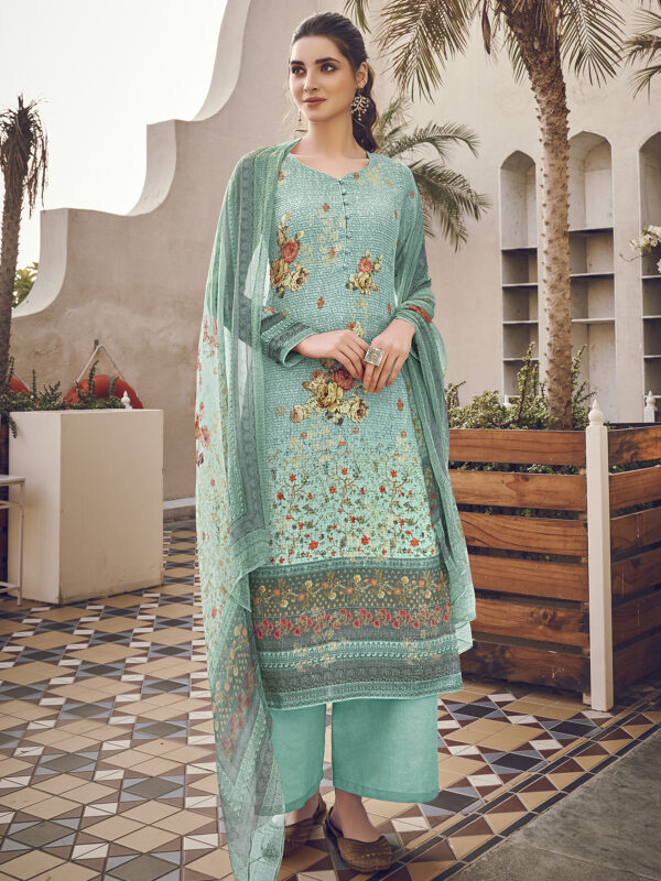 Stylee Lifestyle Turquoise Pure Silk Printed Dress Material