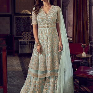 Stylee Lifestyle Turquoise Net Embroidered Dress Material