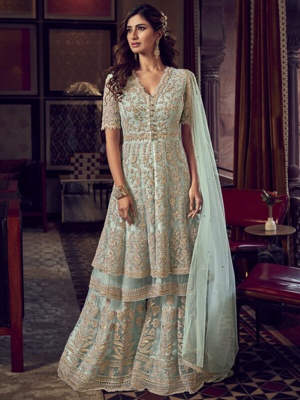 Stylee Lifestyle Turquoise Net Embroidered Dress Material