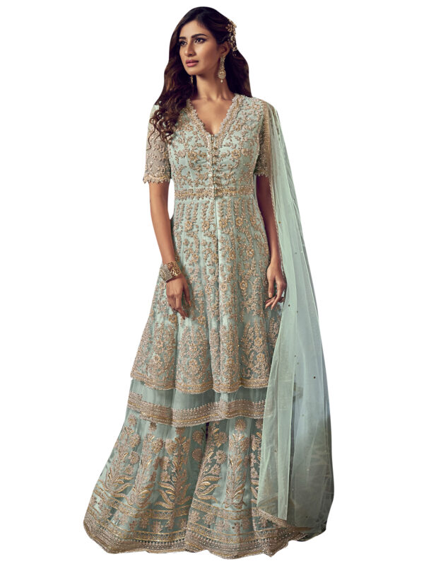 Stylee Lifestyle Turquoise Net Embroidered Dress Material