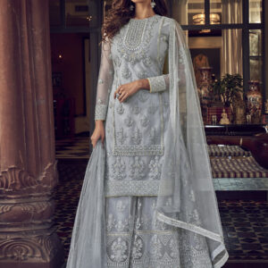 Stylee Lifestyle Grey Net Embroidered Dress Material