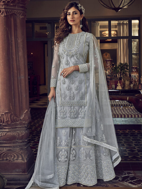 Stylee Lifestyle Grey Net Embroidered Dress Material