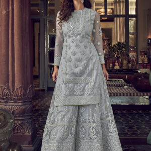 Stylee Lifestyle Grey Net Embroidered Dress Material