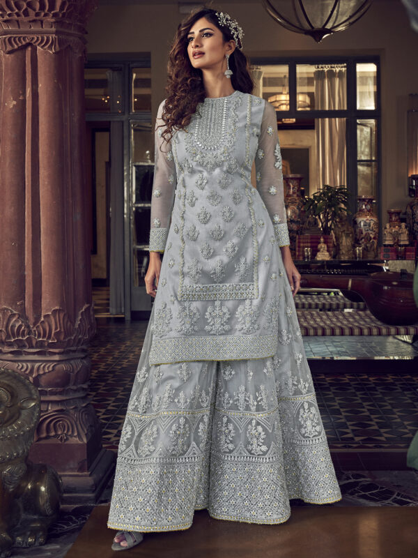 Stylee Lifestyle Grey Net Embroidered Dress Material