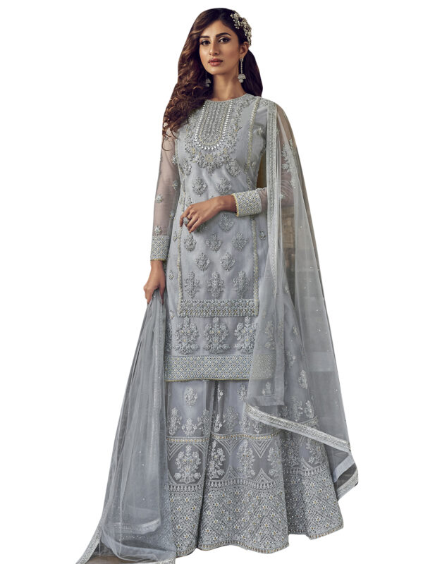 Stylee Lifestyle Grey Net Embroidered Dress Material