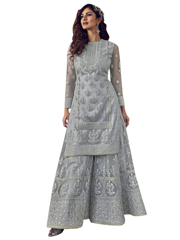 Stylee Lifestyle Grey Net Embroidered Dress Material