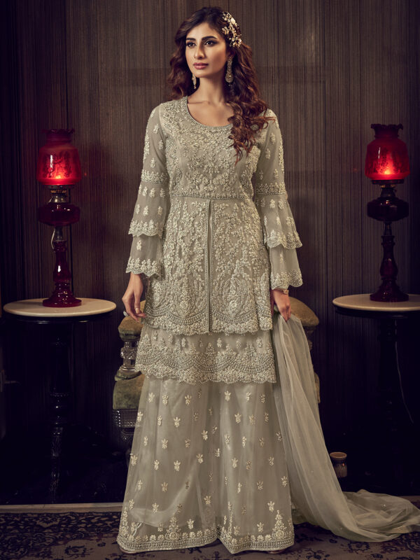 Stylee Lifestyle Beige Net Embroidered Dress Material