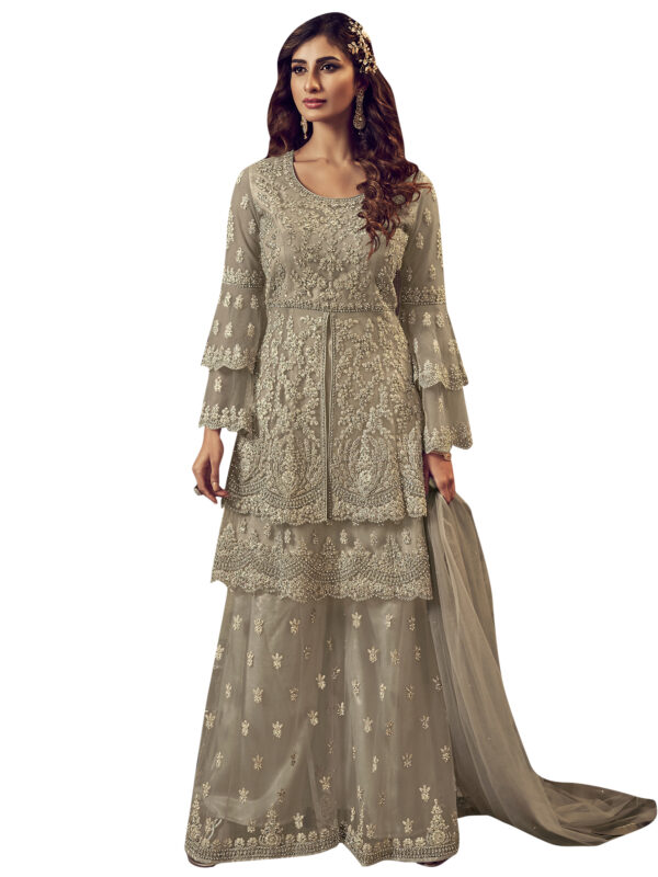 Stylee Lifestyle Beige Net Embroidered Dress Material