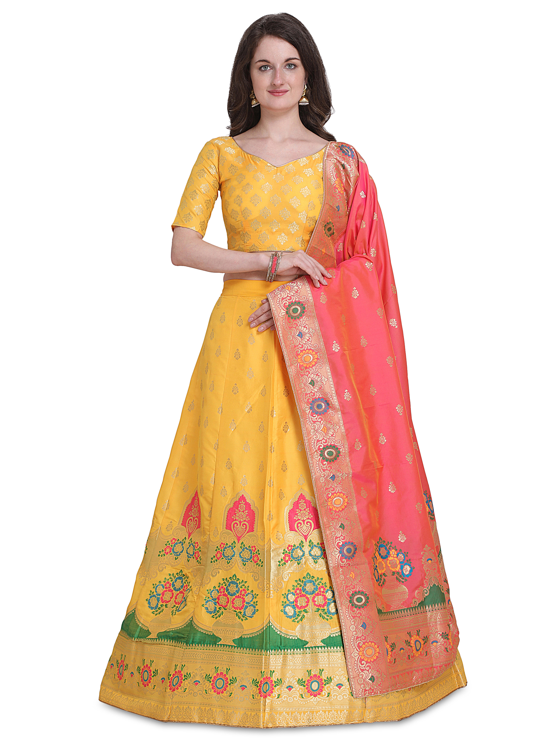 Yellow Woven Jacquard Lehenga Choli